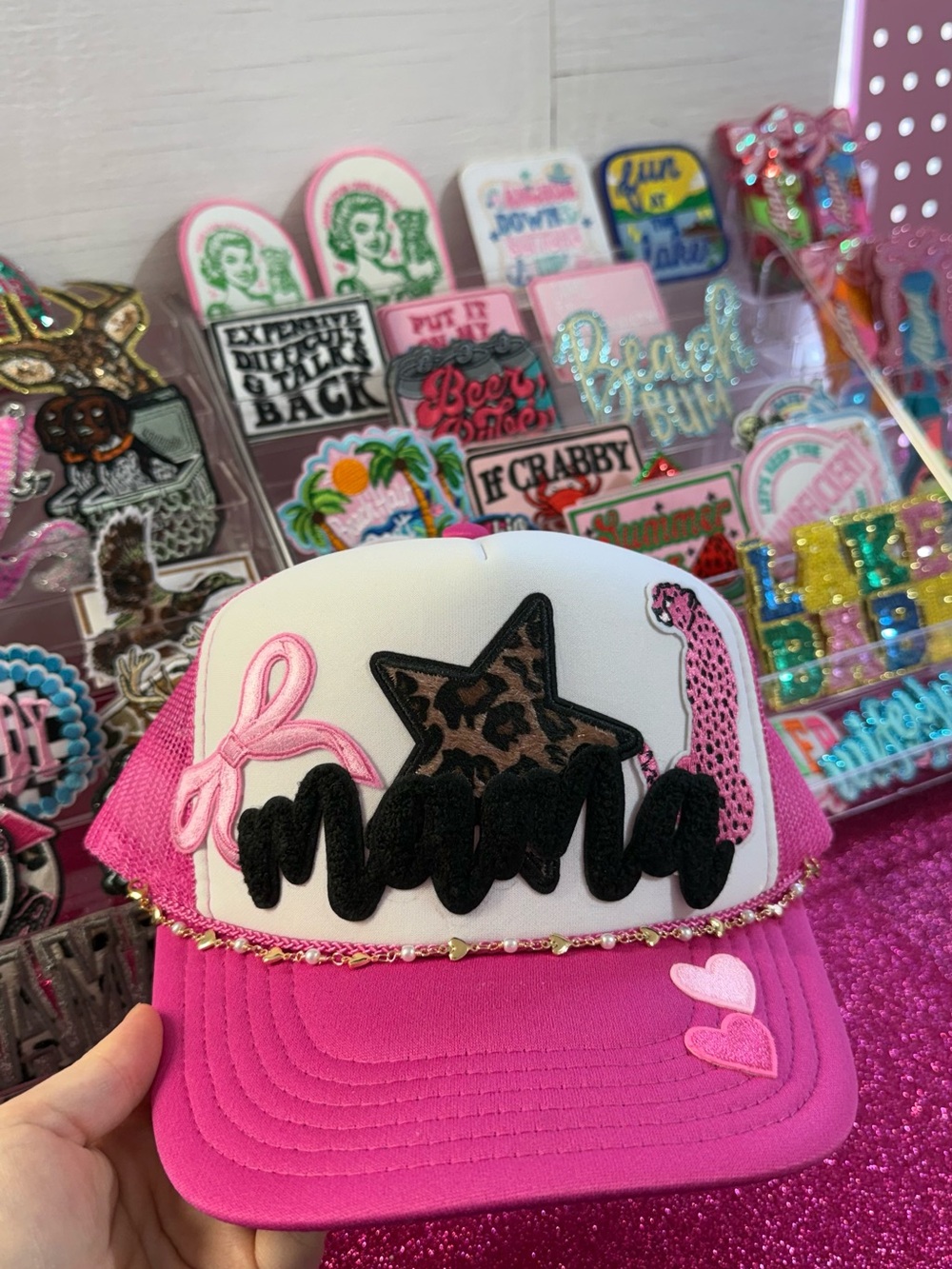 OTTO Pink and White Embellished Trucker Hat with Leopard Star
